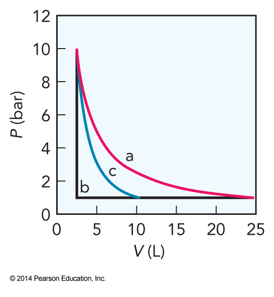 The reversible isothermal and irreversible isothermal graphs were seen in a previous slide. The reversible adiabatic expansion is in between the other two. The pressure fall more rapidly as volume expands than in the reversible isothermal case but not as quickly as in the irreversible case.